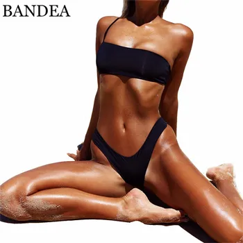 BANDEA 2018 Bandeau Kietas Bikini Rinkinys Sexy Thong maudymosi kostiumėlį Brazilijos maudymosi Kostiumėliai, Aukštos Sumažinti Maudymosi Kostiumą Biquini Paplūdimio De Trajes Bano