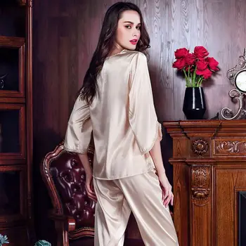 2018 Nauji Moteriški Šilko Pižama Rinkiniai Pavasario Vasaros Moterų Nėriniai Siuvinėto Satino Pižamos Sleepwear Loungewear M-2XL