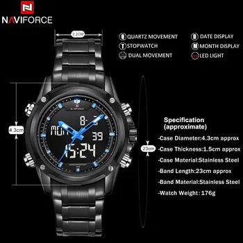 NAVIFORCE Prekės Mens Sporto Žiūrėti Vyrų 30M atsparus Vandeniui Kvarciniai Laikrodžiai Nerūdijančio Plieno Juosta Analoginis Skaitmeninis Displėjus, LED Laikrodžiai