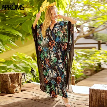 Aproms Boho Tropinių Gėlių Spausdinti Vasarą Long Maxi Suknelė Moterims Batwing Rankovėmis V-Kaklo Prarasti Paplūdimys Tunika Suknelės Vestidos