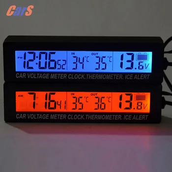 Skaitmeninis Automobilių voltmetras 10*2.3*2.9 cm 3 in1 Skaitmeninių LCD Laikrodžių Į/Iš Automobilio Termometras Baterijos Įtampa Stebėti 12V/2