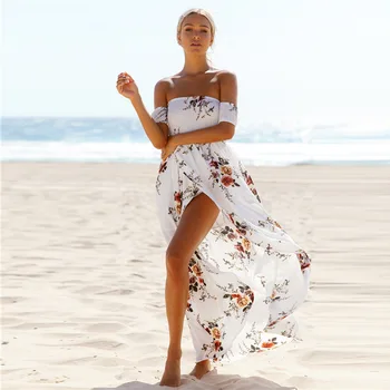 2018 naujų karšto parduoti gėlių spausdinti ilga suknelė stebėjimo paplūdimio suknelė off peties backless bohemijos atostogų suknelė ritininės boho suknelė