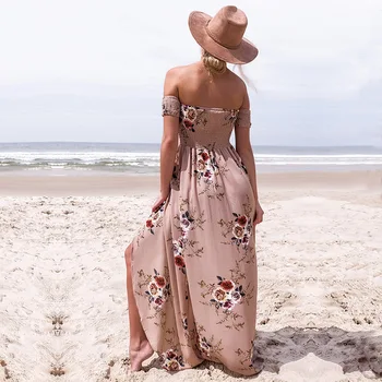 2018 naujų karšto parduoti gėlių spausdinti ilga suknelė stebėjimo paplūdimio suknelė off peties backless bohemijos atostogų suknelė ritininės boho suknelė