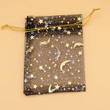 500pcs 7x9cm Star Mėnulis Modelio Juodos spalvos Organza Maišelį Raišteliu papuošalų pakavimo krepšiai, Vestuvių/dovana/maisto/saldainiai/Kalėdų krepšys