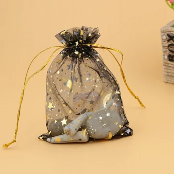 500pcs 7x9cm Star Mėnulis Modelio Juodos spalvos Organza Maišelį Raišteliu papuošalų pakavimo krepšiai, Vestuvių/dovana/maisto/saldainiai/Kalėdų krepšys
