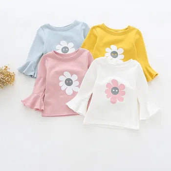Nemokamas pristatymas 2018 naujas mergaičių marškinėlių vaikų medvilnės ilgomis rankovėmis t-shirt lotus rankovėmis palaidinės saulės gėlės Viršų