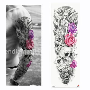 2018 Naujas Pilnas Gėlių Arm Tatuiruotės Lipdukas Skeletas ir Rožės Laikiną Kūno Dažai Vandens Perdavimo Tatuiruotė Rankovėmis