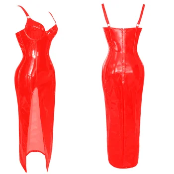 2018 Naujas Odos Suknelės Moterims Raudona Juoda Aukštos Sumažinti Seksualus Bodycon Suknelė Spageti Dirželis Šalies Ilgos Suknelės Plius Dydžio Panele Vestidos