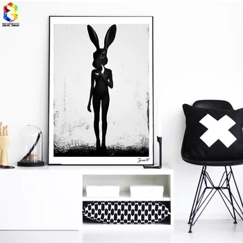 Cuadros Plakatai Ir Spausdina Black Rabbit Sienos Meno Tapybos Drobės Nuotraukų Kambarį Šiaurės Mergina Namų Puošybai