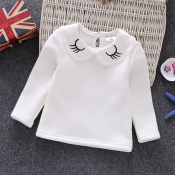 Rudenį ir žiemą mergina lėlės apykaklės marškinėliai kūdikių mergaitėms ilgomis rankovėmis plius aksomo, siuvinėtų nėrinių Atvartas T-marškiniai, didmeninė