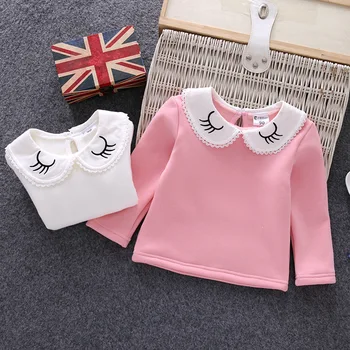 Rudenį ir žiemą mergina lėlės apykaklės marškinėliai kūdikių mergaitėms ilgomis rankovėmis plius aksomo, siuvinėtų nėrinių Atvartas T-marškiniai, didmeninė