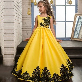 Retail Black Elegantiškas Nėrinių Siuvinėjimo Appliques Kulkšnies Ilgio Gėlių Mergaitės Suknelė Su Valymo Lankas Merginos Vakare Šalis Suknelė SMR018
