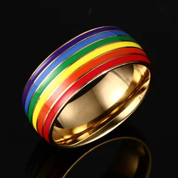 Prabanga Vaivorykštė Titano Žiedas Aukso Plokštė Nerūdijančio Plieno Žiedai, Moterų, Vyrų LGBT Mėgėjams Papuošalai Lašas Laivybos Homoseksualų Bagues